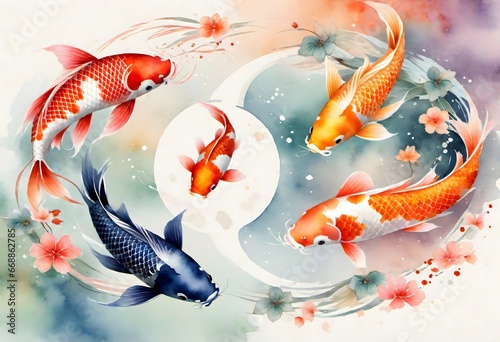 Yin and Yang Koi Fish Watercolor Painting, Generative AI