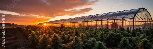 Growing medical cannabis on an industrial scale. Marijuana in a greenhouse and under the sun's rays. Concept: Legalization and licensing of drugs 