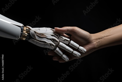 Close up of robot hand touching human hand on black background, artificial intelligence concept, In a tender moment witness of a Hand of Robot and Human hand touching, friendship