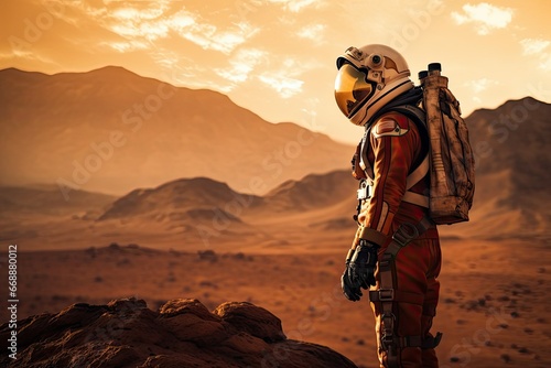 Astronaut in the desert at sunset, 3d rendering, Space man on another planet, Contrasting Martian Landscape, Astronaut on a remote planet