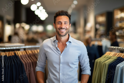 A content, smiling man happily explores a variety of suits in a fashionable men's clothing store, his satisfaction evident in his bright smile