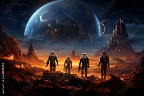 Astronauts in space, Science fiction illustration, a team of astronauts exploring alien planet, Huge city in the desert against the backdrop of an alien planet, spacemen