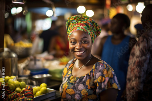 A cheerful woman, the owner of a vegetable stand, smiles warmly while serving customers fresh produce