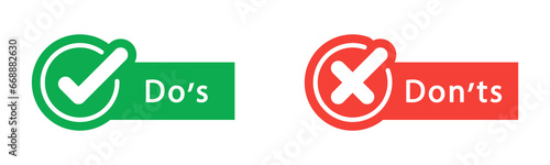 Do's and don'ts icon in flat style. Do and do not red and green icon. Good and bad icons positive and negative symbols. Green check mark and red cross icon. Vector illustration
