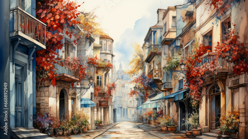 Watercolor painting of a city streets in autumn