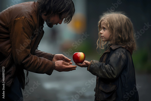 "In a heartwarming act of kindness, a compassionate young girl extends a ripe apple to a homeless man, her face illuminated by the glow of empathy