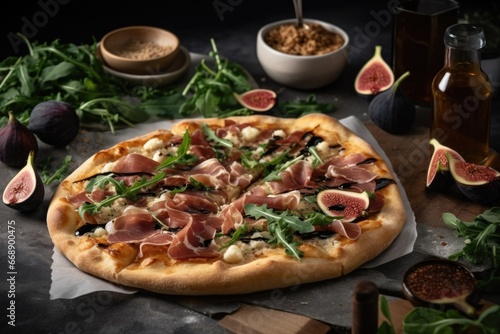 A modern gourmet pizza featuring a thin artisanal crust, topped with prosciutto, fresh arugula, fig jam, and a drizzle of balsamic glaze.