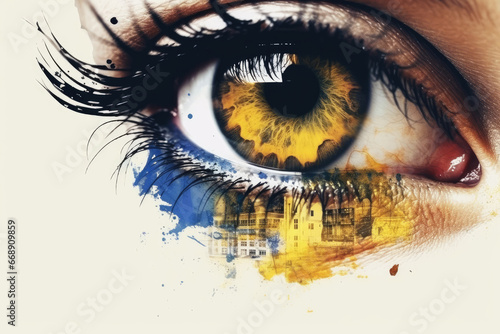 Collage with woman eye in yellow blue color
