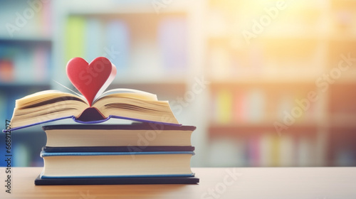Love story book open page in heart shape and stack piles textbooks reading library. generative ai