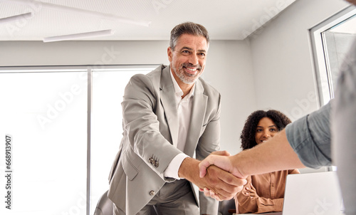 Happy older middle aged senior businessman leader shaking hand of new male partner, client or customer making sales deal at team executive board meeting in conference room. Business handshake concept.