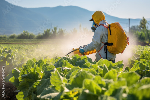 A farmer is spraying pesticides on a field with vegetable plants