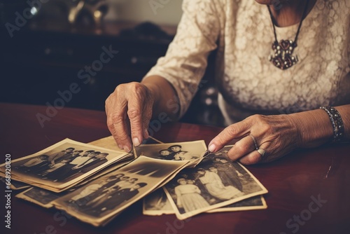A poignant moment captured as an elderly woman looks nostalgically at a photo album, reminiscing about the past and the memories it holds