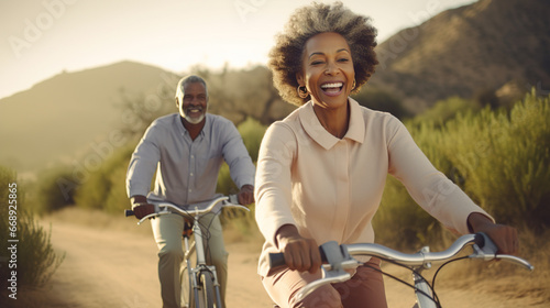 couple african american elderly a ride bike.smile couple exercise travel rest.