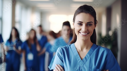 Portrait of a smiling nurse standing in front of her team.