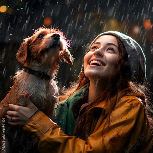 Bajo un clima lluvioso, un perro y su dueño abrazan el momento, mirando al cielo con una sonrisa. Un vínculo reconfortante entre humanos y mascotas, apreciando la belleza del toque de la naturaleza