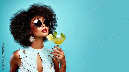 FASHIONABLE, GLAMOROUS AFRICAN AMERICAN BLACK WOMAN WITH COCKTAIL. legal AI