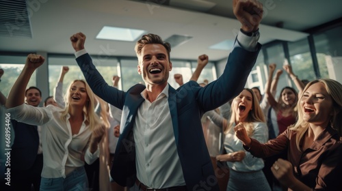 Group of business people and excited employees celebrate successful achievement working together, Teamwork successful, Good news for bonus, Congratulating colleague with business achievement.
