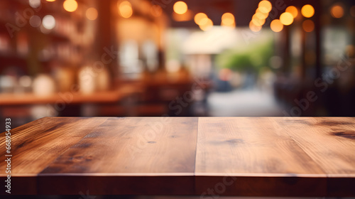 Blank Wooden Table Set Against a Softly Blurred Store Background, Ideal for Product Display or Presentation