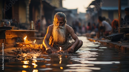 A Hindu pilgrim making an offering at the Ganges River in Varanasi, India. 