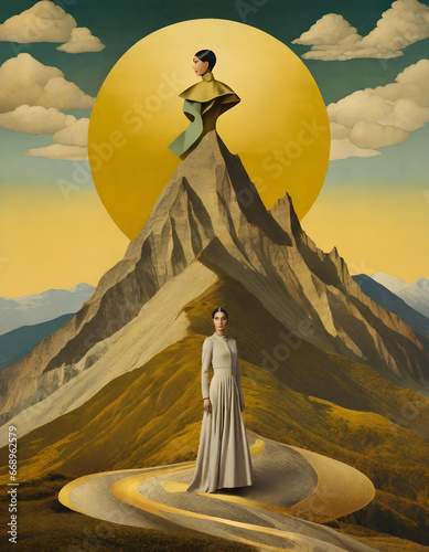 giant woman on mountain , dada collage
