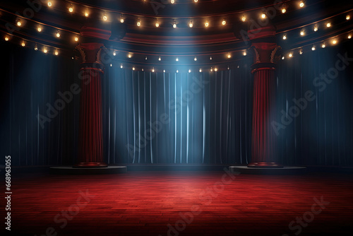 Magical Lighting Theater Stage with Red Curtains, Spotlight, and Festive Background, Copy Space, Banner or Poster