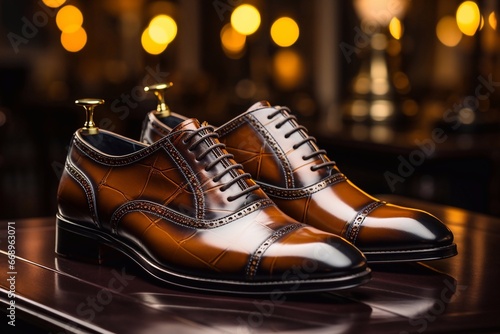 A picture of Man luxury brown leather shoes in a shop window close up on room Generative AI