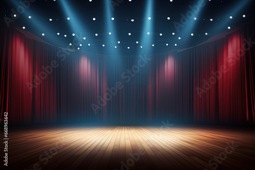 Magic Theater Stage with Red Curtains, Show Spotlight, Festive Background, Copy Space, Banner, or Poster