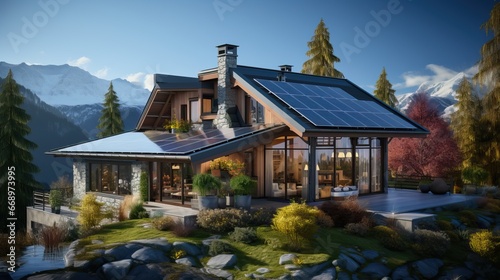 Maison avec panneaux voltaïques avec ciel en été, avec une végétation verdoyante.