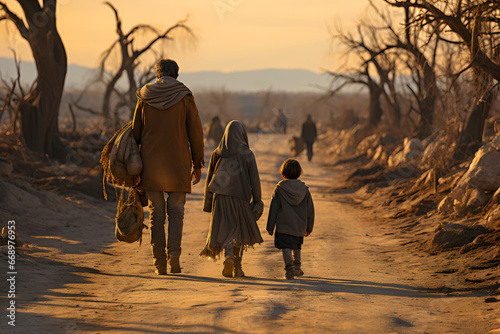 A refugee family escaping the ravages of war