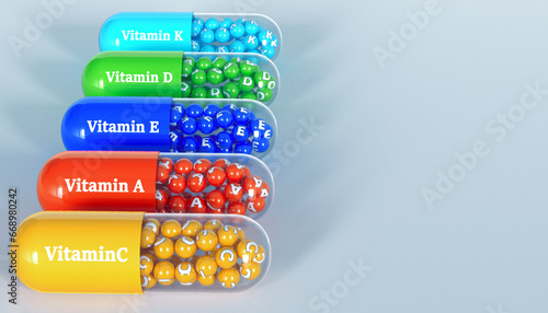 Medical and scientific concepts, colorful vitamin capsules, 3d rendering