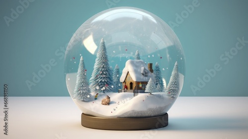 Crystal Christmas ball inside a winter scene, complete with a tiny snowy landscape and a miniature tree, creating a whimsical atmosphere, Realistic 3D model with a miniature diorama,