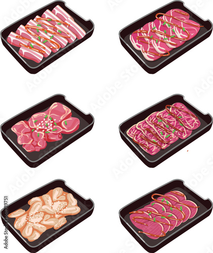 set of meat Menu isolated illustration. pork meat, beef, chicken, shabu, sukiyaki, moo kra ta.