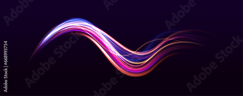 Acceleration speed motion on night road. Vector glitter light fire flare trace. Abstract image of speed motion on the road. Bright sparkling background. 