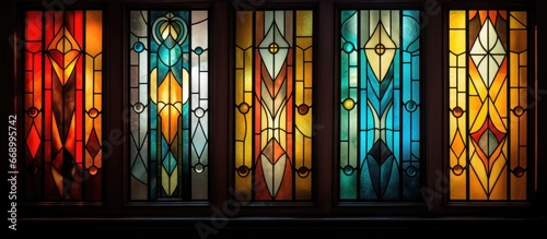 Geometrically arranged stained glass windows in historic doors allow diffused light through lead sealed art nouveau cubist styles