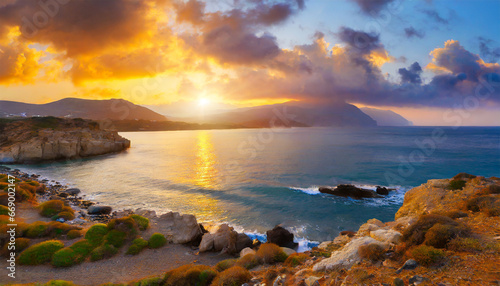 Gorgeous scenery featuring the coast of Crete, specifically the Eden Rock area near Lerapetra, Greece. The dawn paints a stunning sky over the sea