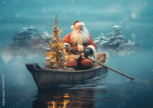 Santa Claus fishing in a boat on the sea. Preparing for the Christmas and New Year holidays