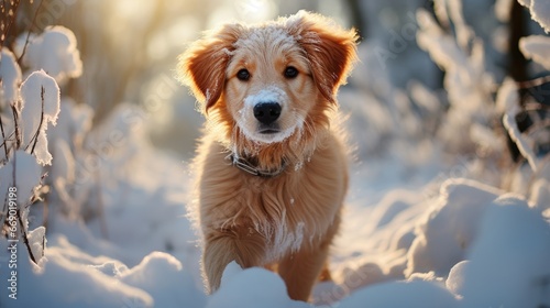 Happy golden retriever in the winter forest outdoors. 