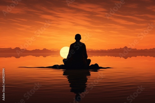 Reflective silhouette of a monk meditating at dawn.