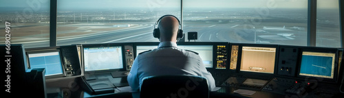 A man air traffic controller sits at the control panel against the background of the panoramic window of the airport. A wide banner.