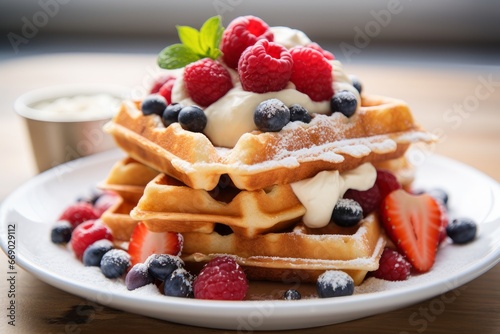 Photo of a stack of Belgian waffles topped with berries and cream on a bright white tabletop. Generative AI