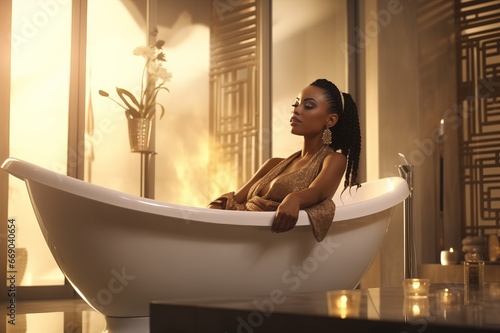 Luxury bath african woman relaxing in hotel spa bathtub 