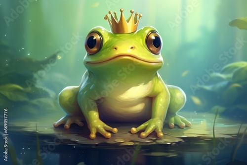 Playful Cute frog prince. Animal crown nature. Generate Ai