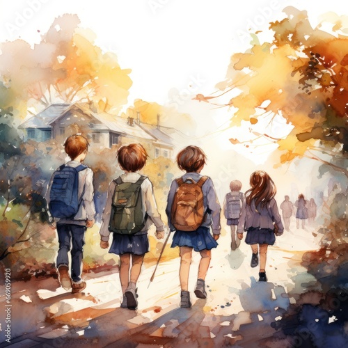 Vector art of Watercolor illustration, drawing of young children going to school,