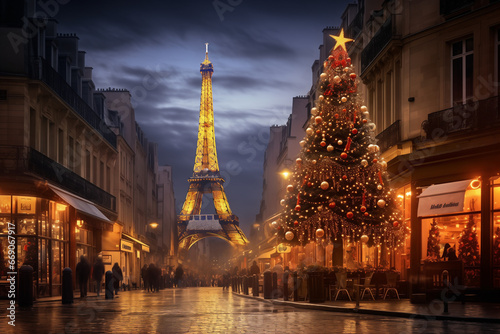 Illuminated Christmas tree in the old town in Paris, with christmas stalls and Eiffel Tower, in the evening