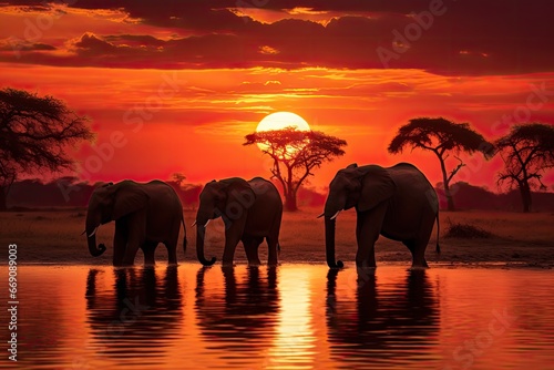 African elephants at sunset in Chobe National Park, Botswana, Africa, Silhouette of elephants at sunset in Chobe National Park, Botswana, Africa, AI Generated