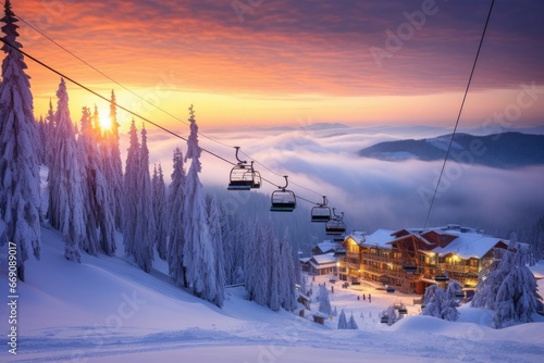Sunrise in the winter mountains. Ski resort in Carpathians, Ukraine, ski resort in winter, AI Generated