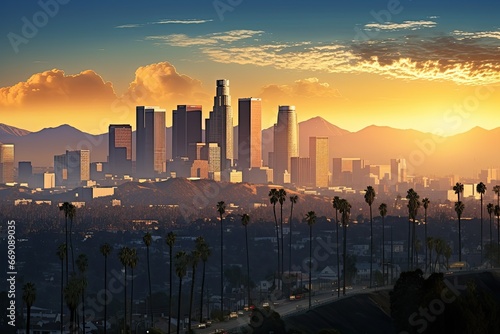 Los Angeles skyline at sunset, California, United States of America, Skyline of Los Angeles at sunrise, California, USA. 3D rendering, AI Generated