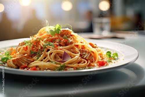 Tasty appetizing classic Italian pasta with a delicious sauce in a restaurant, Spaghetti with fish on a white plate with a blurred background, AI Generated