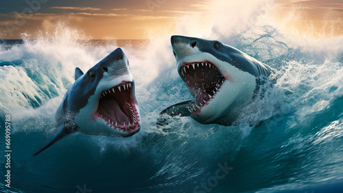 two attacking sharks leap out of the rising tide. Generative AI