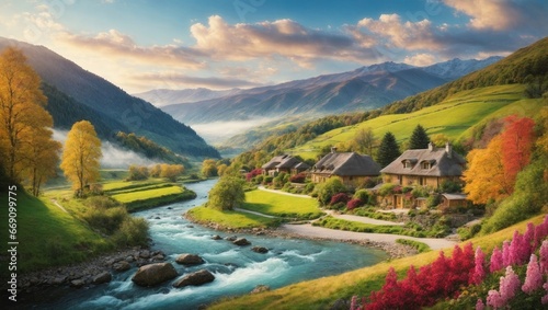 A picturesque village nestled amid vibrant autumn foliage, with stone cottages overlooking a turquoise river. Majestic mountains rise in the distance, shrouded in mist, under a dreamy cloudy sky.